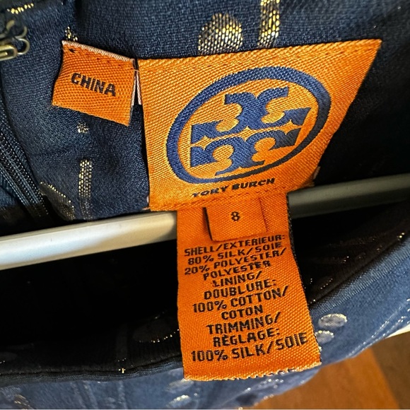 Tory Burch Women’s Navy Gold Metallic Silk Shift Dress Knee Length Cocktail SZ 8 - Picture 4 of 8